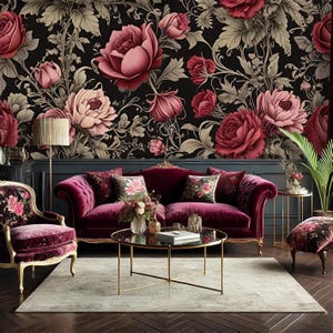Vintage Rose Wallpaper - Elegant Dark Floral Seamless Pattern - Rose Wallpaper - Elegant Floral Wallpaper, Peel and Stick Wall Art