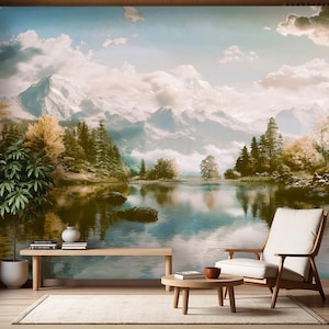 Mountain Lake Mural Wallpaper: Peel & Stick Forest Wall Art