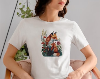 Rotfuchs Wildblumen T-Shirt, süßes Fuchs Grafik T-Shirt, Natur Liebhaber Shirt, Geschenk für sie, Wildblumen Design, Waldtier Druck Geschenk T-Shirt