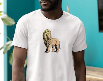 May include: A white t-shirt with a graphic of a lion and a cub. The lion is standing with its head held high and the cub is standing next to it.