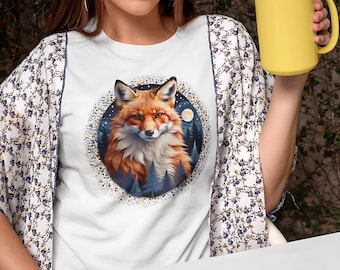 Mondlicht Fuchs T-Shirt - Mystischer Wald & Sternennacht Design