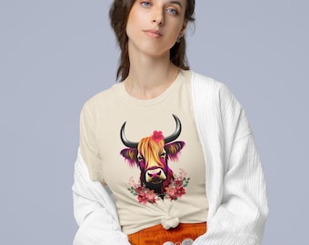 Maglietta con mucca delle Highlands – Simpatica giovenca con fiori, maglietta per amanti degli animali