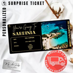 Billet Sardaigne | Cadeau personnalisé voyage en Sardaigne | Révélation de voyage personnalisée | Carte souvenir de vacances sur l'île