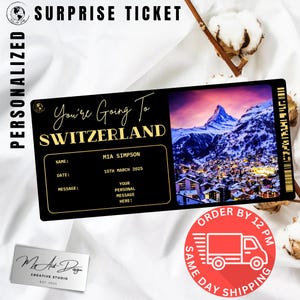 Billet pour la Suisse | Cadeau de voyage personnalisé en Suisse | Révélation de voyage personnalisée | Carte souvenir de vacances dans les Alpes