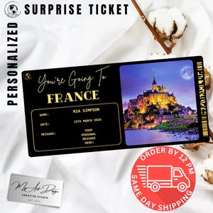 Ticket Frankrijk | Aangepast cadeau voor reis naar Frankrijk | Gepersonaliseerde reisonthulling | Souvenirkaart voor vakantie