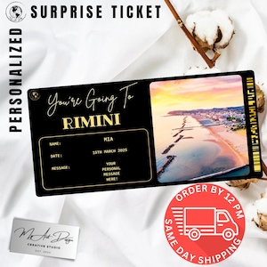 Billet pour Rimini | Cadeau voyage personnalisé en Italie | Révélation de voyage personnalisée | Carte souvenir de vacances à la plage