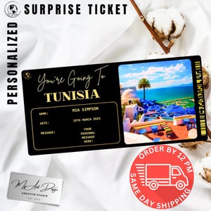 Ticket Tunesië | Aangepaste reis naar Tunesië cadeau | Gepersonaliseerde reisonthulling | Vakantie souvenirkaart Noord-Afrika