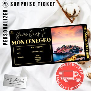Billet pour le Monténégro | Cadeau voyage personnalisé au Monténégro | Révélation de voyage personnalisée | Carte souvenir Évasion de l'Adriatique
