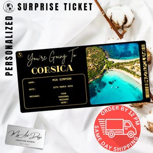 Billet Corse | Cadeau voyage personnalisé en Corse | Révélation de voyage personnalisée | Carte souvenir de vacances sur l'île