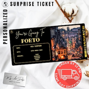 Bilhete para o Porto | Viagem Personalizada para Portugal | Revelação de Viagem Personalizada | Cartão de Lembrança para uma Escapada na Cidade