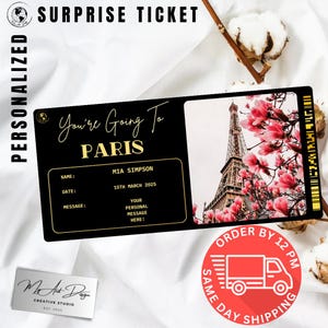 Bilhete para Paris | Presente personalizado para viagem à cidade | Revelação de viagem personalizada | Cartão surpresa para férias na França