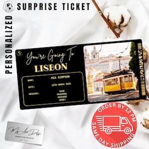 Billet pour Lisbonne | Cadeau de voyage personnalisé au Portugal | Révélation de voyage personnalisée | Carte souvenir City Break