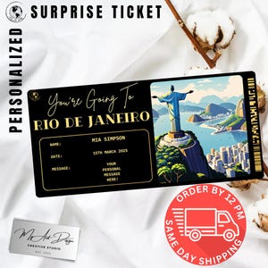 Billet Rio de Janeiro | Cadeau personnalisé pour un voyage au Brésil | Révélation de voyage personnalisée | Carte de villégiature pour l'Amérique du Sud