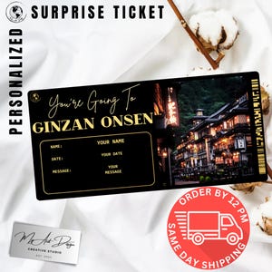 Tarjeta de embarque para Ginzan Onsen / Regalo personalizado para viajar a Japón / Viaje a Ginzan Onsen / Billete de avión falso / Tarjeta de recuerdo