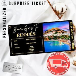 Billet Rhodes | Cadeau de voyage personnalisé en Grèce | Révélation de voyage personnalisée | Carte souvenir de vacances sur l'île