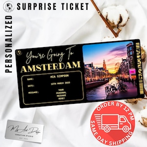 Billet pour Amsterdam | Cadeau personnalisé pour un voyage aux Pays-Bas | Révélation de voyage personnalisée | Carte souvenir City Break