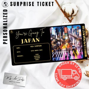 Bilhete para o Japão | Presente personalizado para uma viagem ao Japão | Revelação de viagem personalizada | Cartão surpresa para férias na Ásia
