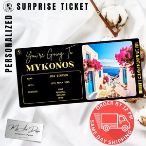 Ingresso para Mykonos | Presente personalizado para viagem à Grécia | Revelação de viagem personalizada | Cartão surpresa para férias na ilha