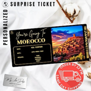 Billet Maroc | Cadeau voyage personnalisé au Maroc | Révélation de voyage personnalisée | Carte souvenir du désert