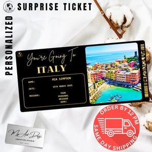 Billet Italie | Cadeau voyage personnalisé en Italie | Révélation de voyage personnalisée | Carte souvenir vacances en Europe