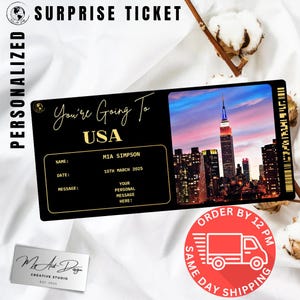 Billet pour les États-Unis | Cadeau personnalisé voyage en Amérique | Révélation de voyage personnalisée | Carte souvenir de vacances