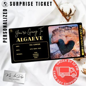 Billet pour l'Algarve | Cadeau personnalisé pour un voyage au Portugal | Révélation de voyage personnalisée | Carte souvenir de vacances côtières