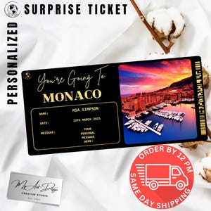 Billet pour Monaco | Cadeau voyage personnalisé à Monaco | Révélation de voyage personnalisée | Carte souvenir de vacances de luxe