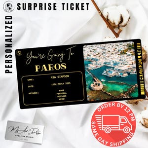 Billet pour Paros | Cadeau de voyage personnalisé en Grèce | Révélation de voyage personnalisée | Carte souvenir de vacances sur une île grecque
