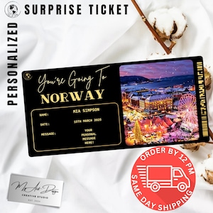 Billet Norvège | Cadeau voyage personnalisé en Norvège | Révélation de voyage personnalisée | Carte souvenir Aventure nordique