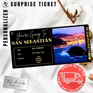 San Sebastián Ticket | Benutzerdefinierte Reise nach Spanien Geschenk | Personalisierte Reise offenbaren | Küsten Kurzurlaub Souvenir Karte