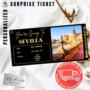 Billet Séville | Cadeau voyage personnalisé en Espagne | Révélation de voyage personnalisée | Carte souvenir Andalousie