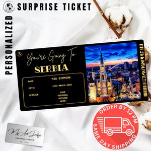 Serbien Ticket | Benutzerdefinierte Balkan Reise Geschenk | Personalisierte Reise offenbaren | Europa Urlaub Souvenir Karte