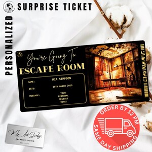 Billet Escape Game | Cadeau de jeu de puzzle personnalisé | Révélation d'aventure en équipe personnalisée | Carte surprise mystère