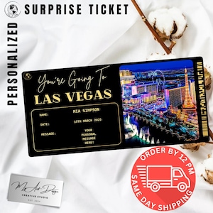 Billet Las Vegas | Cadeau personnalisé voyage à Vegas | Révélation de voyage personnalisée | Carte souvenir de vacances aux Etats-Unis