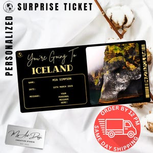 Ticket IJsland | Aangepaste reis naar IJsland-cadeau | Gepersonaliseerde reisonthulling | Souvenirkaart Natuuravontuur