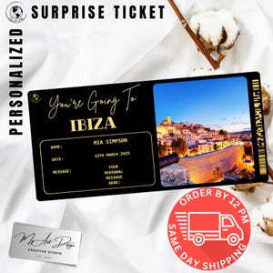 Ibiza-ticket | Aangepast reiscadeau Spanje | Gepersonaliseerde reisonthulling | Souvenirkaart eilandvakantie