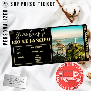 Billet Rio de Janeiro | Cadeau personnalisé pour un voyage au Brésil | Révélation de voyage personnalisée | Carte de villégiature pour l'Amérique du Sud