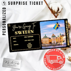 Billet pour la Suède | Cadeau personnalisé pour un voyage en Suède | Révélation de voyage personnalisée | Carte souvenir vacances nordiques