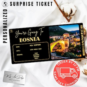 Billet Bosnie | Cadeau voyage personnalisé en Bosnie | Révélation de voyage personnalisée | Carte souvenir des Balkans