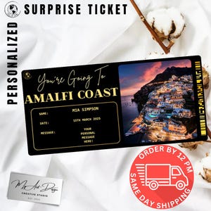 Entrada a la Costa Amalfitana / Regalo personalizado para un viaje a Italia / Tarjeta de viaje personalizada / Tarjeta de recuerdo para unas vacaciones románticas
