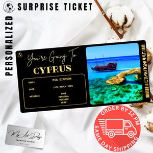 Billet pour Chypre | Cadeau de voyage personnalisé à Chypre | Révélation de voyage personnalisée | Carte souvenir de vacances sur l'île
