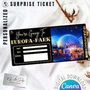 Może przedstawiać: Czarny i złoty bilet niespodzianka do Europa-Park z napisem "You're Going To Europa-Park". Bilet zawiera pola na imię, datę i wiadomość oraz logo Canva do pobrania cyfrowego.
