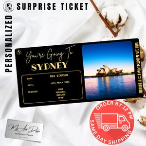 Biglietto per Sydney / Regalo di viaggio personalizzato in Australia / Rivelazione di viaggio personalizzata / Biglietto ricordo per la vacanza