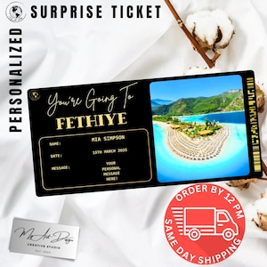 Billet pour Fethiye | Cadeau personnalisé pour un voyage en Turquie | Révélation de voyage personnalisée | Carte souvenir de vacances à la plage