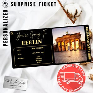 Ticket Berlijn | Aangepast cadeau voor reis naar Berlijn | Gepersonaliseerde reisonthulling | Vakantiesouvenirkaart Duitsland