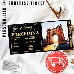 Ingresso para Barcelona | Presente personalizado para viagem à cidade | Revelação de viagem personalizada | Cartão surpresa para férias na Espanha