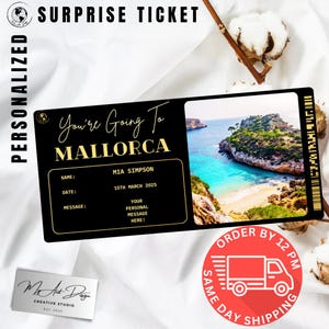 Billet pour Majorque | Cadeau personnalisé pour un voyage en Espagne | Révélation de voyage personnalisée | Carte surprise Vacances sur l'île