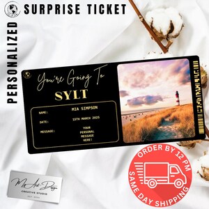 Billet pour Sylt | Cadeau personnalisé pour un voyage en Allemagne | Révélation de voyage personnalisée | Surprise de vacances à la mer du Nord | Carte souvenir