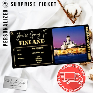Billet pour la Finlande | Cadeau de voyage personnalisé en Finlande | Révélation de voyage personnalisée | Carte souvenir nordique