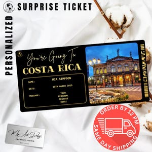 Billet pour le Costa Rica | Cadeau personnalisé pour une excursion dans la nature | Révélation de voyage personnalisée | Carte souvenir aventure